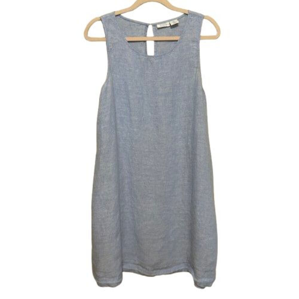 Sigrid Olsen 100% Linen Sleeveless Shift Dress Womens Large Blue Pockets Coastal
